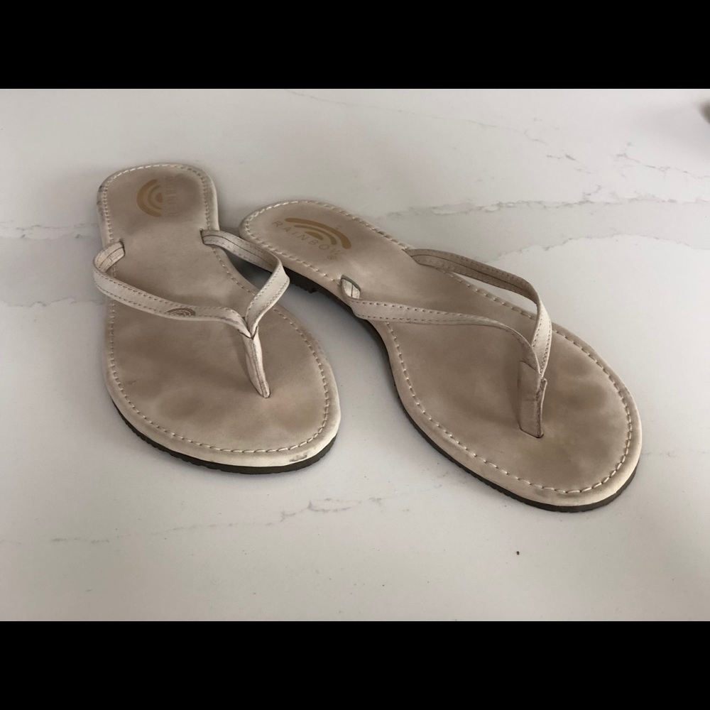 Rainbow cream leather flip flops